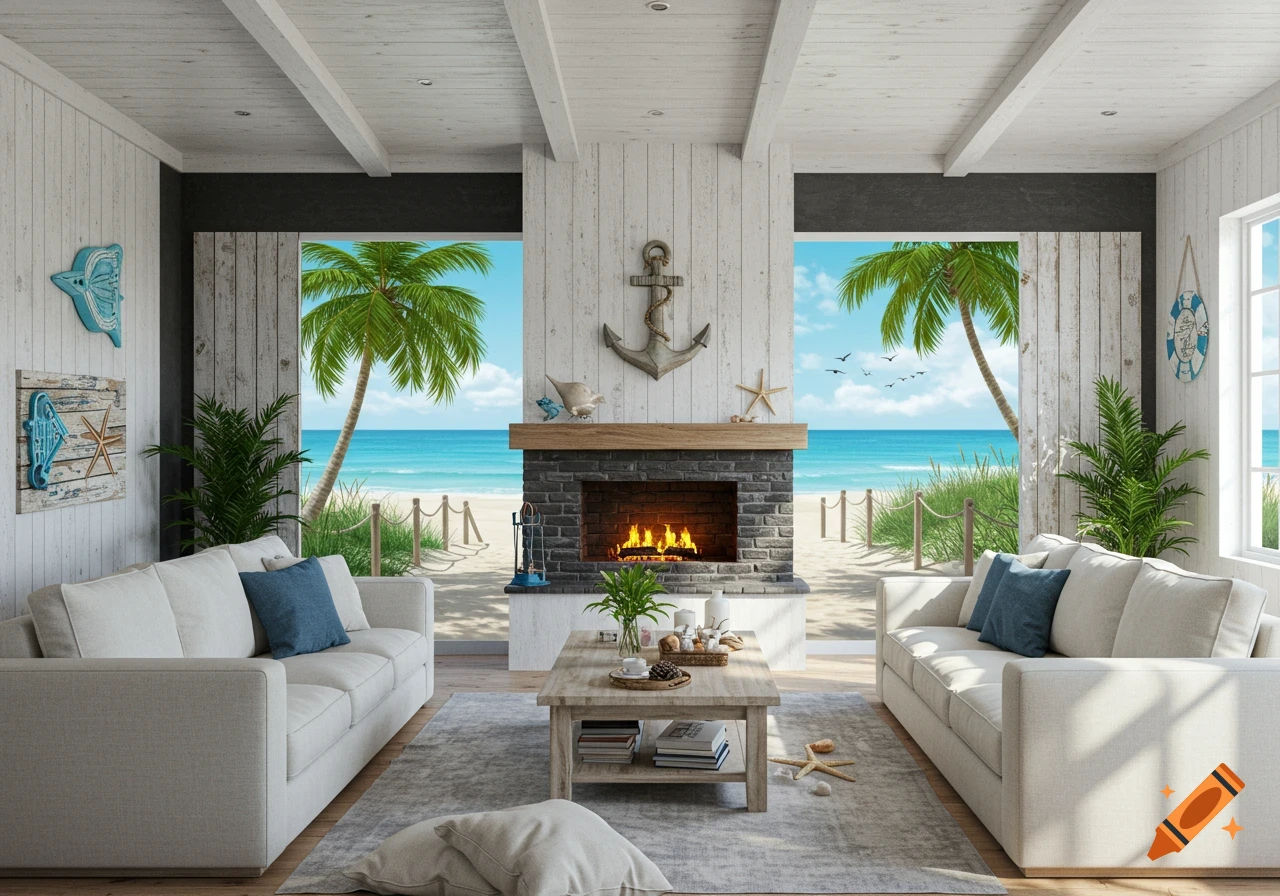 A photorealistic rendering of a living room in a beach house with white couches facing a fireplace. Two large windows overlook a sandy beach with palm trees and a blue ocean.