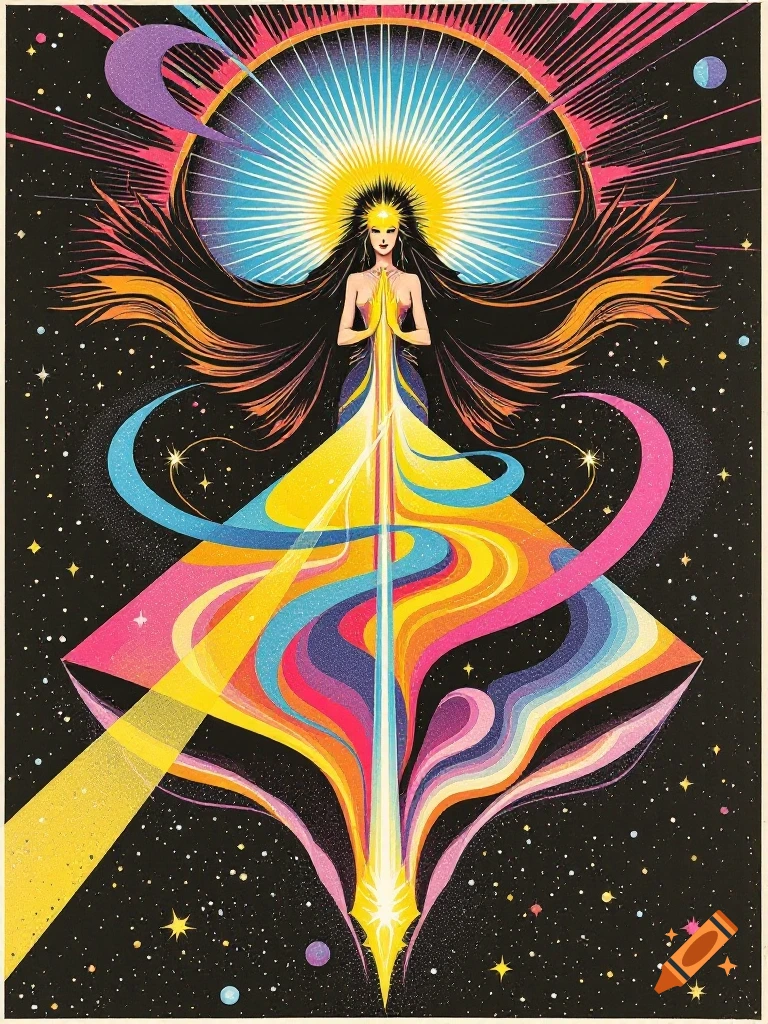 A vibrant, psychedelic illustration of a goddess with flowing dark hair and hands clasped in prayer, emanating light and colorful rays in space.