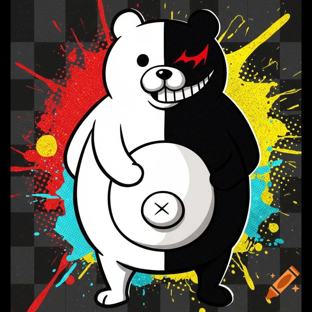 Stylized black and white Monokuma bear with a sinister grin on one side and a happy expression on the other, against a colorful paint splatter and checkered background.