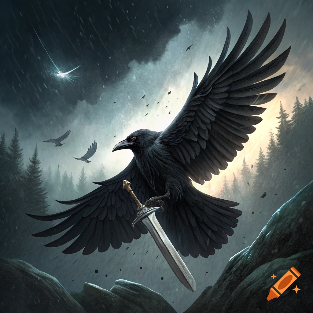 A majestic black crow with outstretched wings carries a long sword in its talons, flying through a stormy, snow-dusted forest.