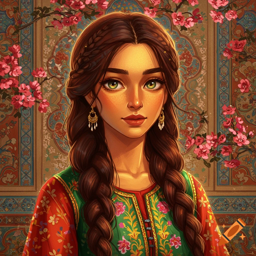 A stylized illustration of a young woman with long dark braided hair, green eyes, wearing traditional patterned clothing, against a floral background.