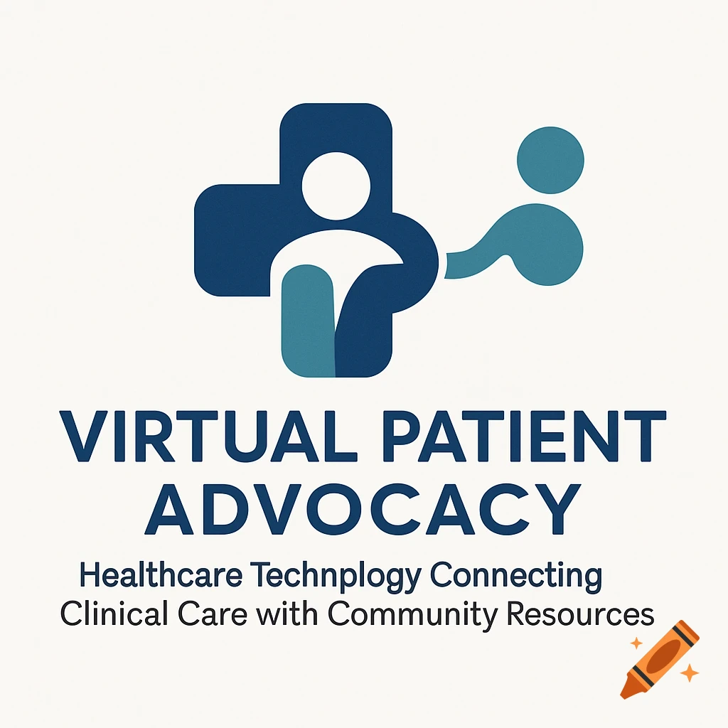 A logo for 'Virtual Patient Advocacy' featuring a blue medical cross and stylized figures, with descriptive text.