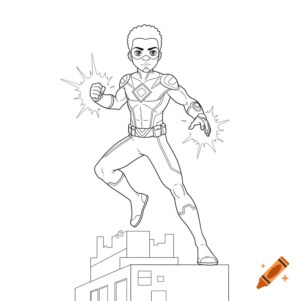 Line art of a Black male superhero with energy emanating from his hands, standing on a building. Designed as a coloring page.