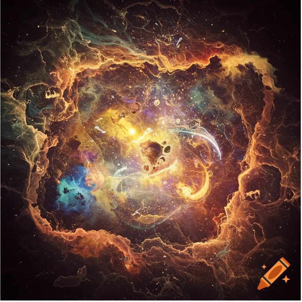 A vibrant and detailed abstract image of a colorful cosmic nebula with swirling gases and bright stars.