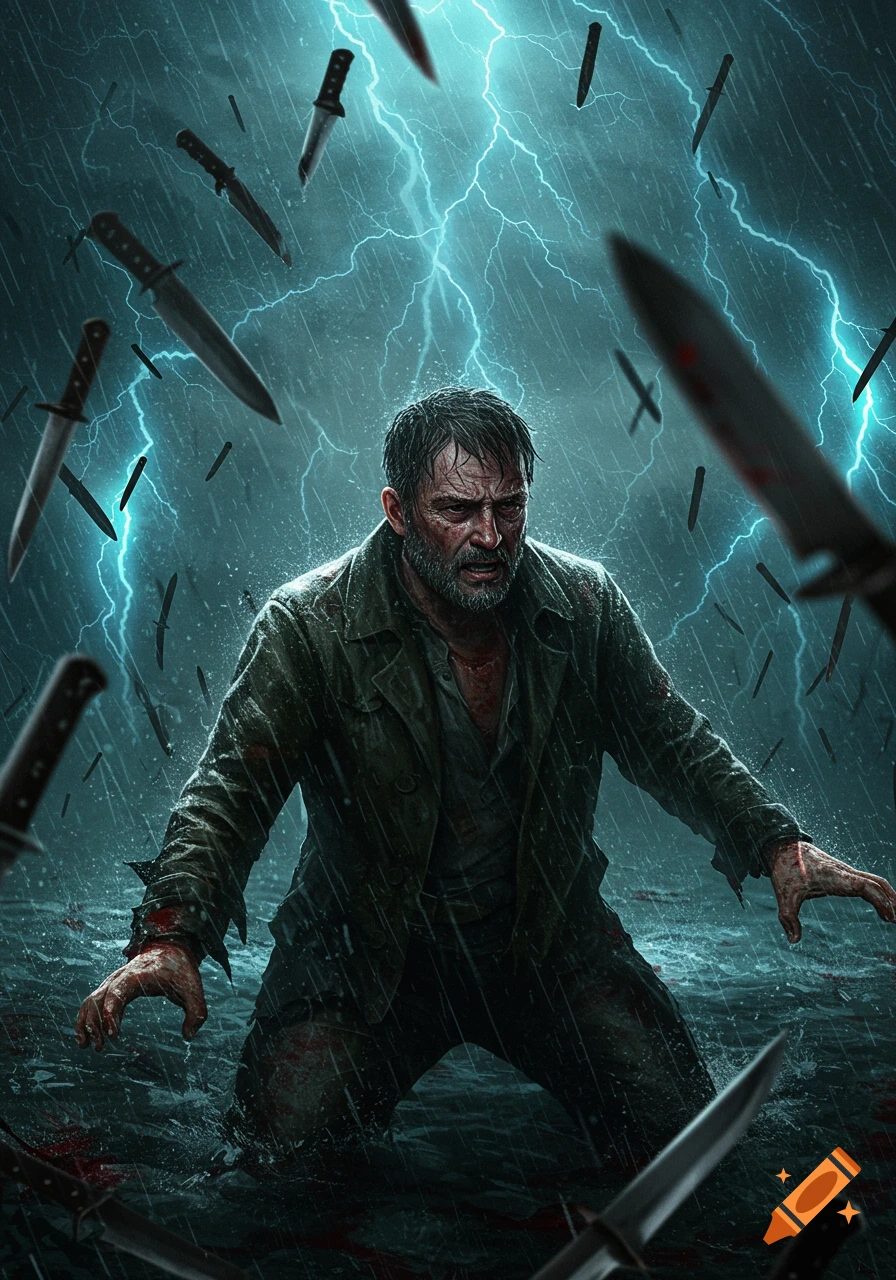 A man kneels in stormy water, bloodied, with knives falling around him as lightning strikes.