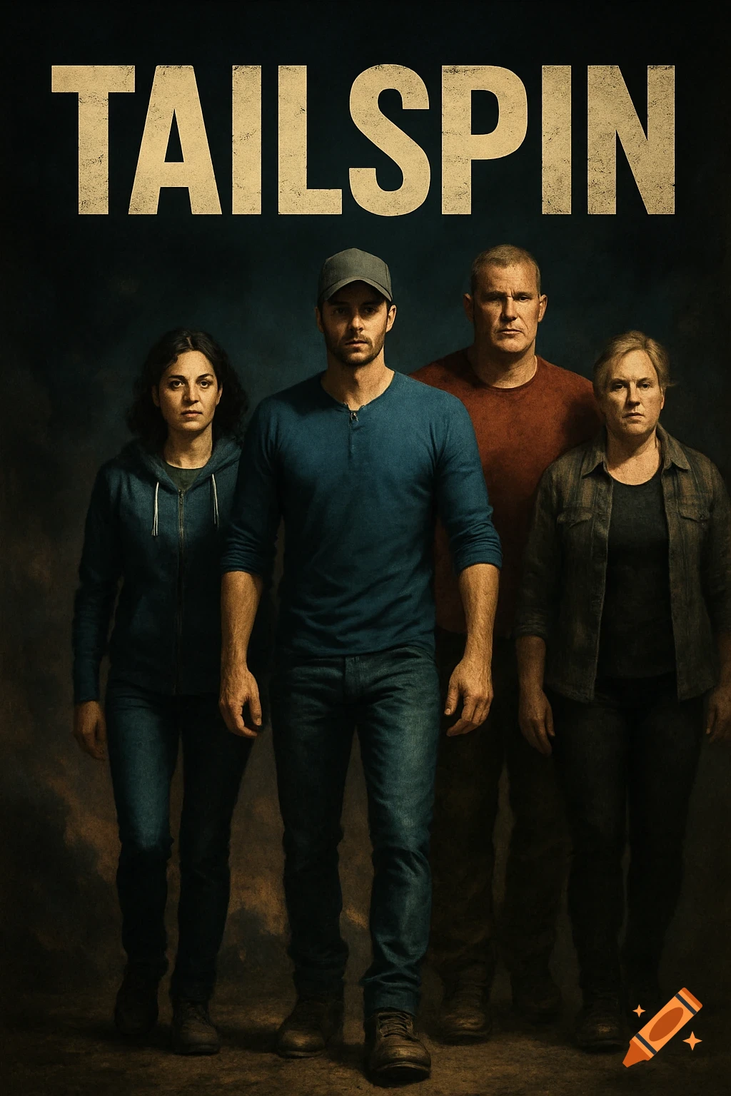 A dark movie poster for 'TAILSPIN' showing four serious-looking people standing. A man in a blue shirt and cap is in the center.