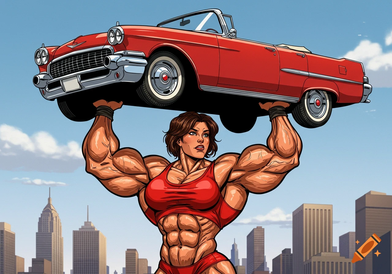 A muscular woman in a red outfit lifts a red classic car over her head against a city skyline, in a comic art style.