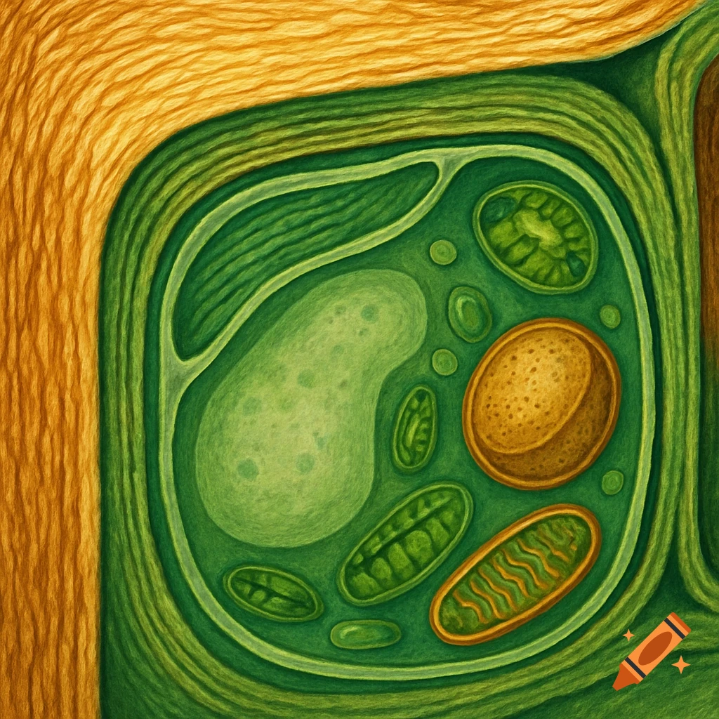 Vibrant, textured illustration of a plant cell with a thick cell wall and various organelles inside.