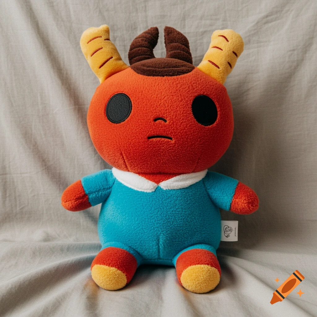A soft red, blue, and yellow plush toy with horns and a frowning face, sitting on a grey bedsheet.