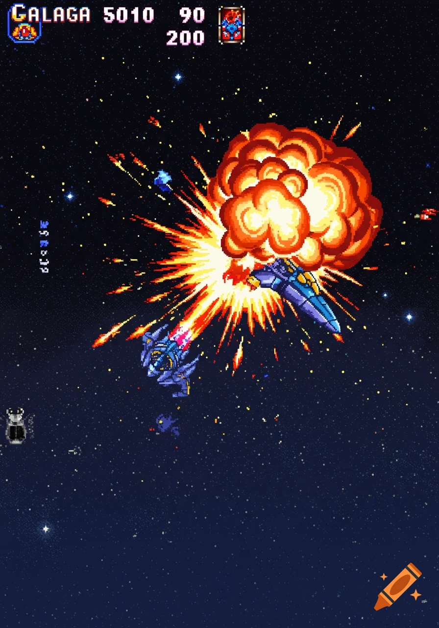 Pixel art space arcade game screen showing a blue spaceship exploding in a fiery orange blast, set against a starfield, with 'GALAGA 5010' score at the top.