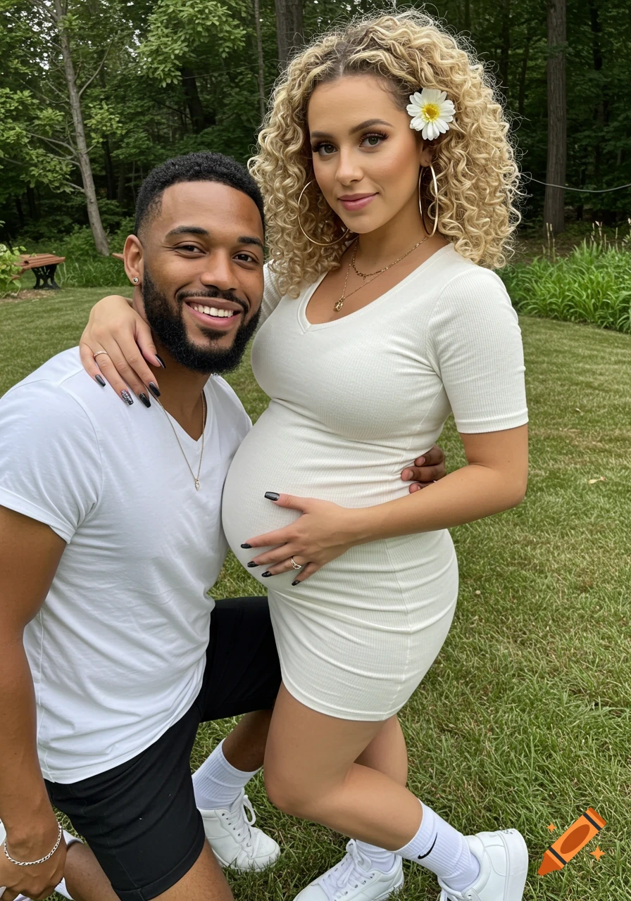 A smiling pregnant woman in a white dress and a man in a white t-shirt pose outdoors in a grassy area.