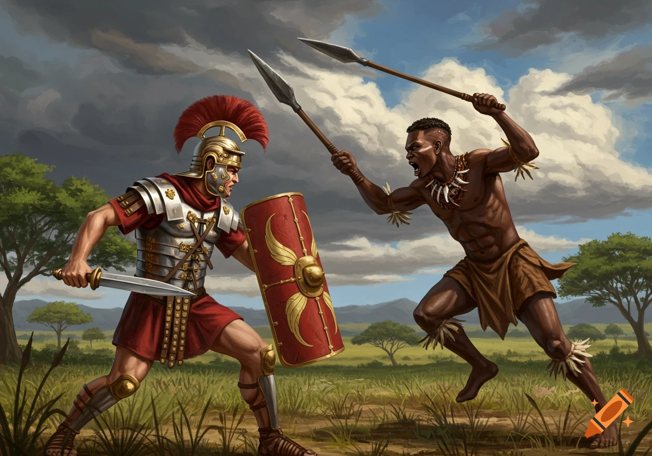 An illustration of a Roman centurion with a sword and shield fighting a Zulu warrior with spears on a grassy plain.