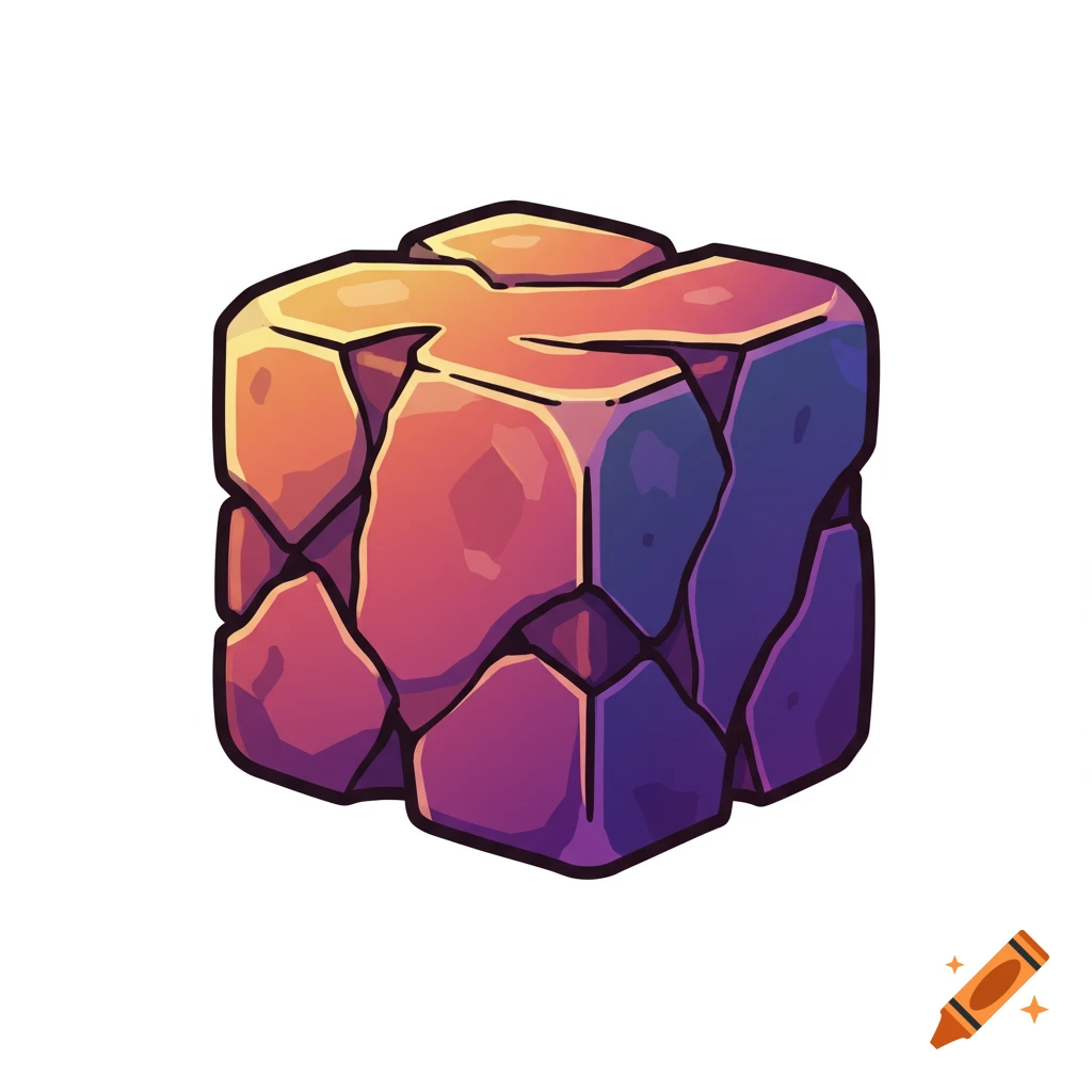 A colorful, stylized cartoon stone block with cracks and black outlines.