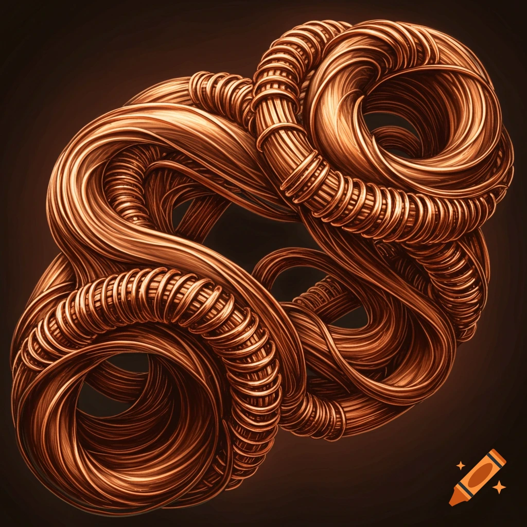 Intertwined copper wires and coils forming an abstract, intricate structure.