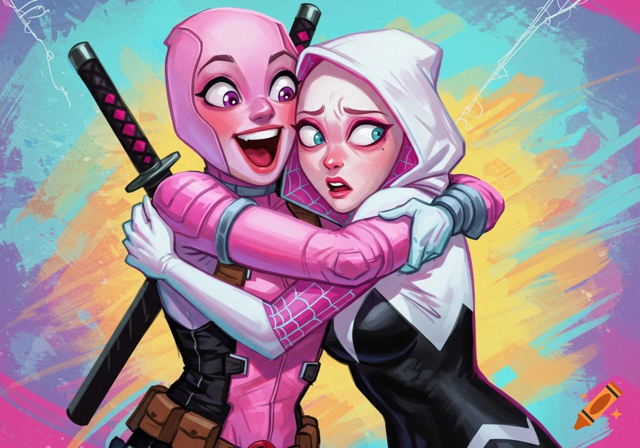 Gwenpool ecstatically hugs Spider-Gwen, who looks uncomfortable, in a vibrant comic book style illustration.