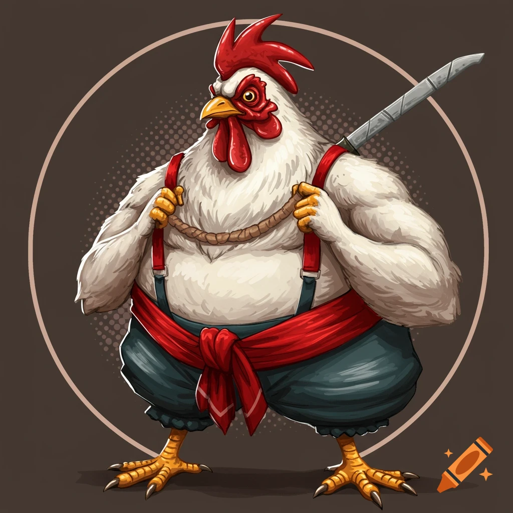 A muscular, anthropomorphic white rooster in red suspenders and a red sash, with a sword on its back. Cartoon illustration.
