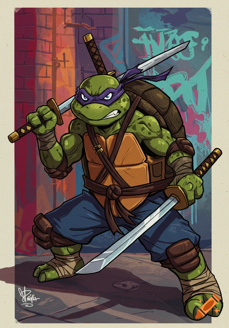 A cartoon green ninja turtle with a purple mask and blue pants, wielding two katanas, in a crouching stance against a graffiti-covered brick wall.