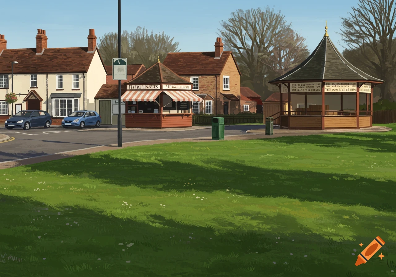 An illustrated scene of an English town park with a green lawn, a tea kiosk, a bandstand, and houses with cars on a street.