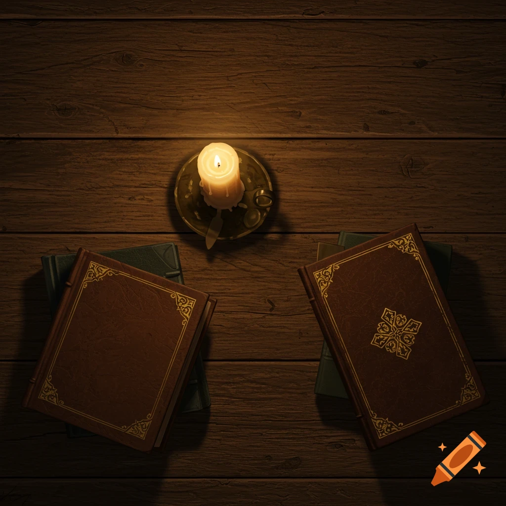 Top-down view of a burning candle and two old books on a dark wooden table.