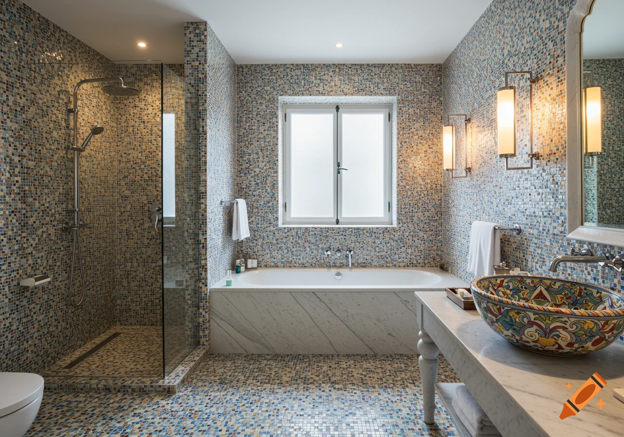 A luxurious bathroom with colorful mosaic tiles, featuring an alcove bathtub, a glass shower stall, and a vibrant, patterned vessel sink.