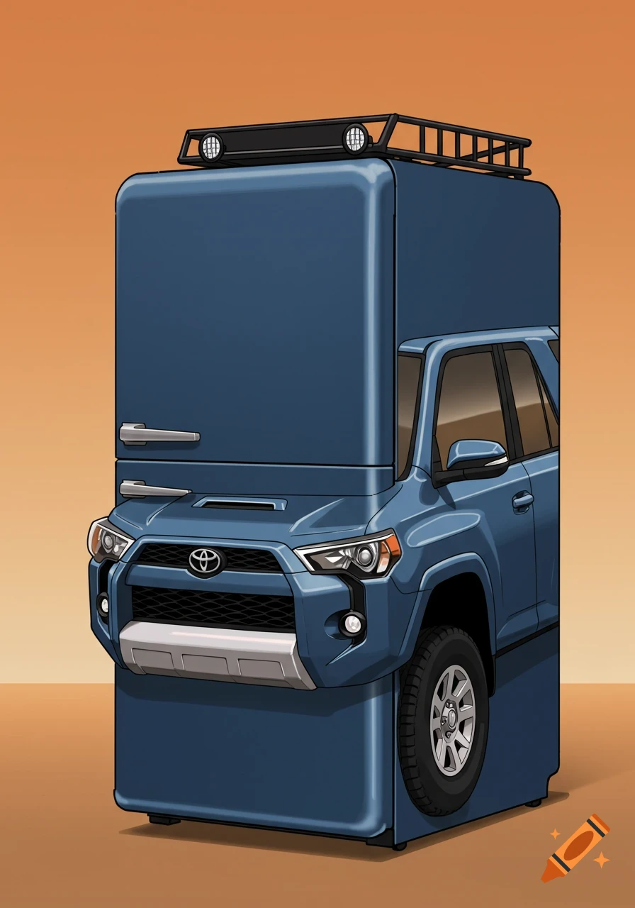 A blue refrigerator styled like a Toyota 4Runner, featuring its front grille, headlights, and side profile with a wheel, topped with a roof rack.
