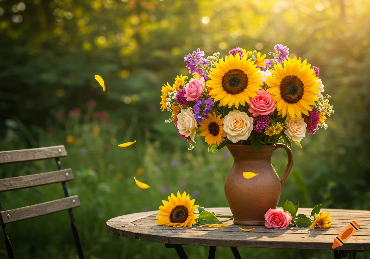 Photorealistic bouquet of sunflowers and roses in a rustic jug on a wooden table in a sunny garden.