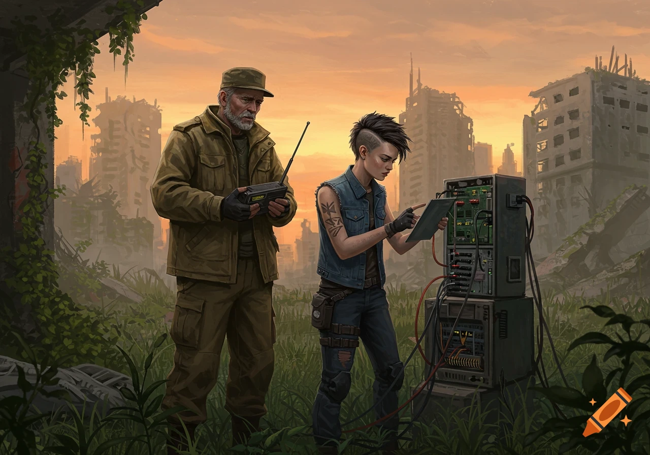 An older man with a radio and a younger woman with a tablet work on electronic equipment amidst overgrown ruins of a city at sunset, in a digital painting style.