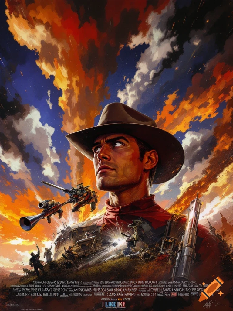 A dramatic movie poster shows a man in a cowboy hat looking up, with a chaotic battlefield and futuristic weaponry below him, against an orange and blue sky.