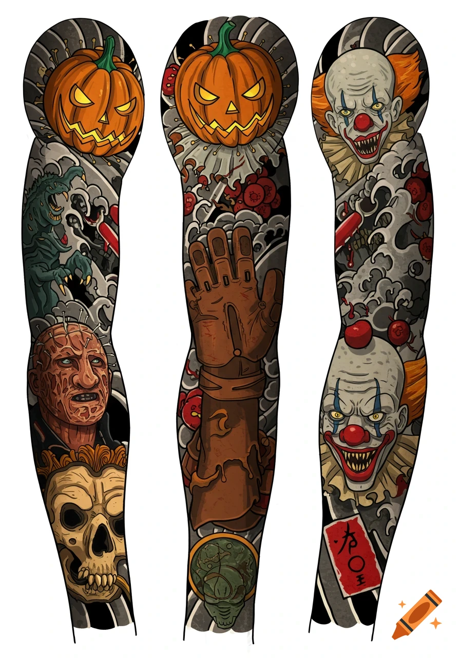 A colorful tattoo sleeve design featuring various horror icons like a jack-o'-lantern, Godzilla, Pinhead, Freddy's glove, and a clown, in a traditional Japanese art style.