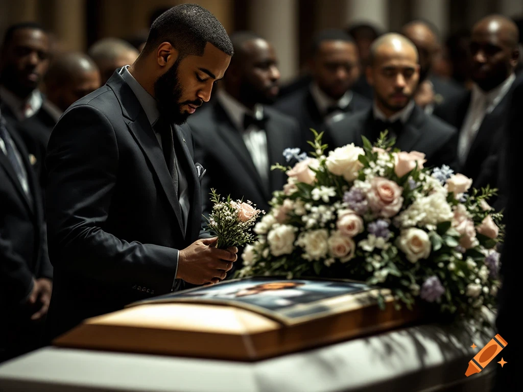 A man in a suit holds flowers over a casket adorned with a floral arrangement, during a funeral service.