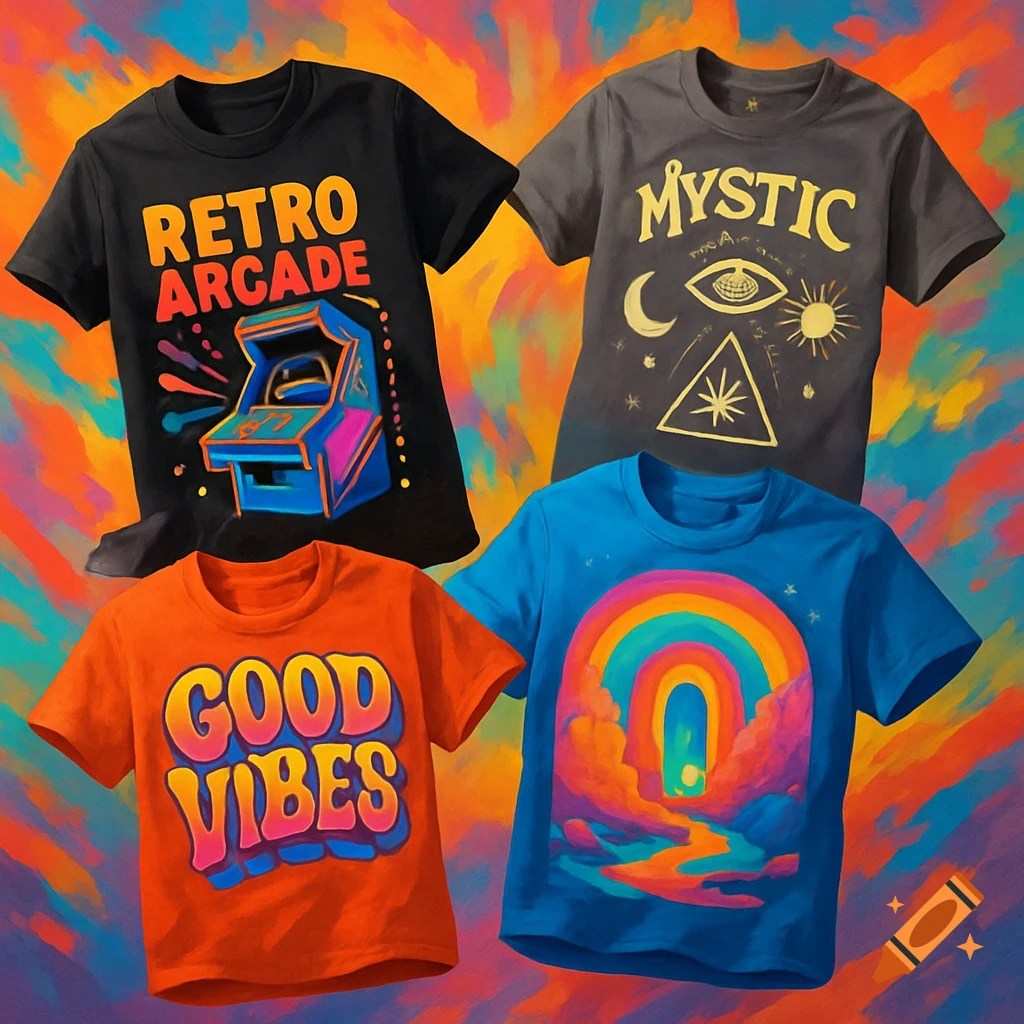 Four t-shirts floating in mid-air against a vibrant abstract background, featuring retro arcade, mystic, and psychedelic designs.