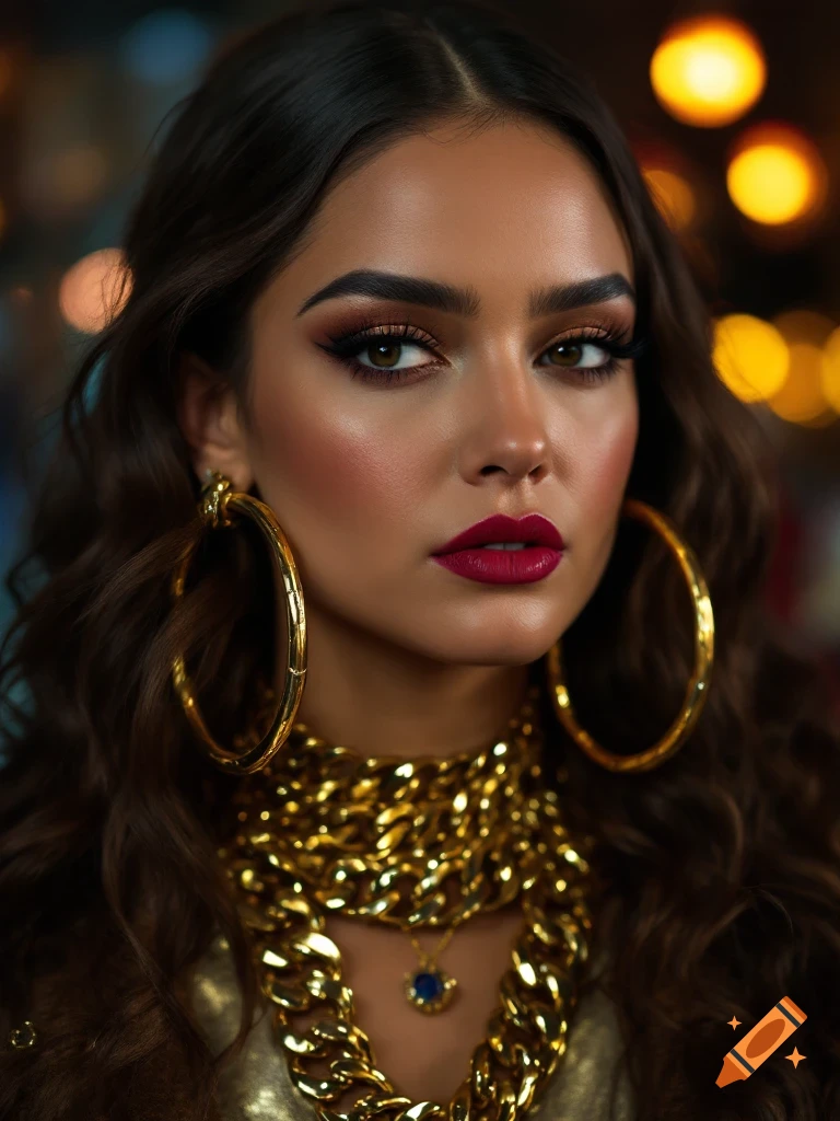Photorealistic close-up portrait of a woman with dark hair, bold makeup, large gold hoop earrings, and heavy gold chains.