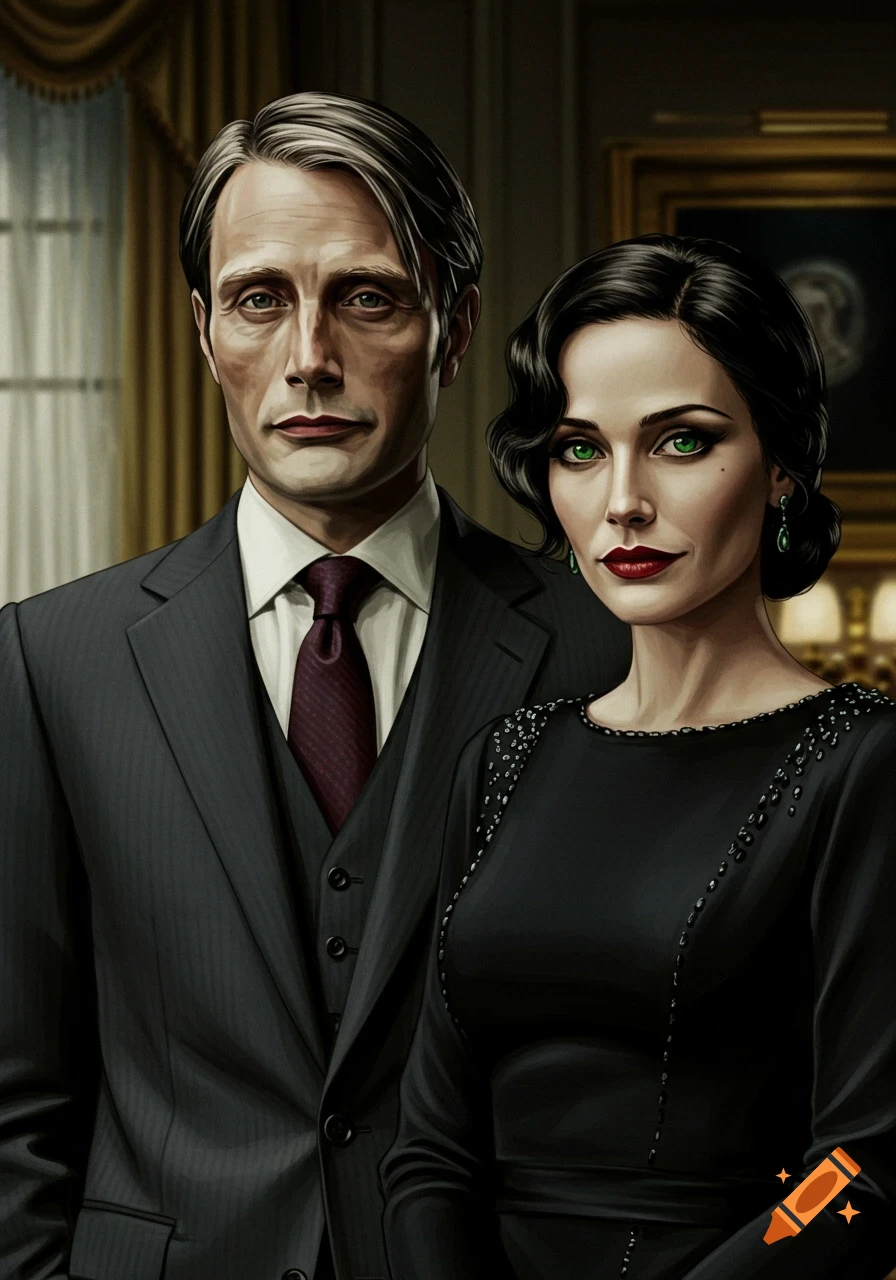 Digital painting of a man in a dark suit and a woman in a black dress with green eyes and earrings, posing formally indoors.