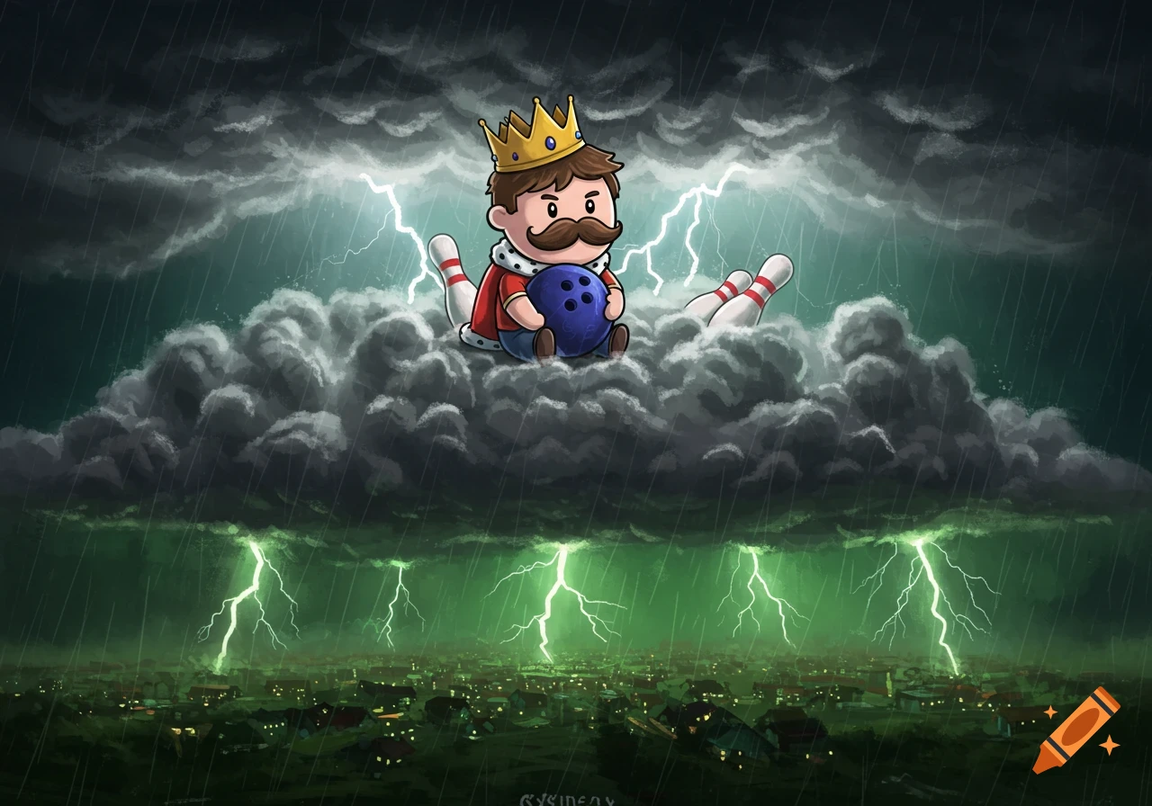 A cartoon king character with a mustache and crown sits on storm clouds, holding a bowling ball, over a rainy town with lightning.