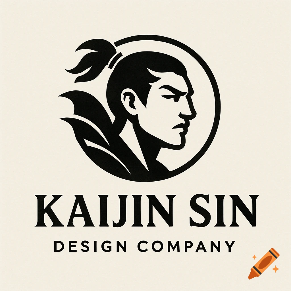 Black and white logo of a man's profile in a circle with the text 'KAIJIN SIN DESIGN COMPANY'.
