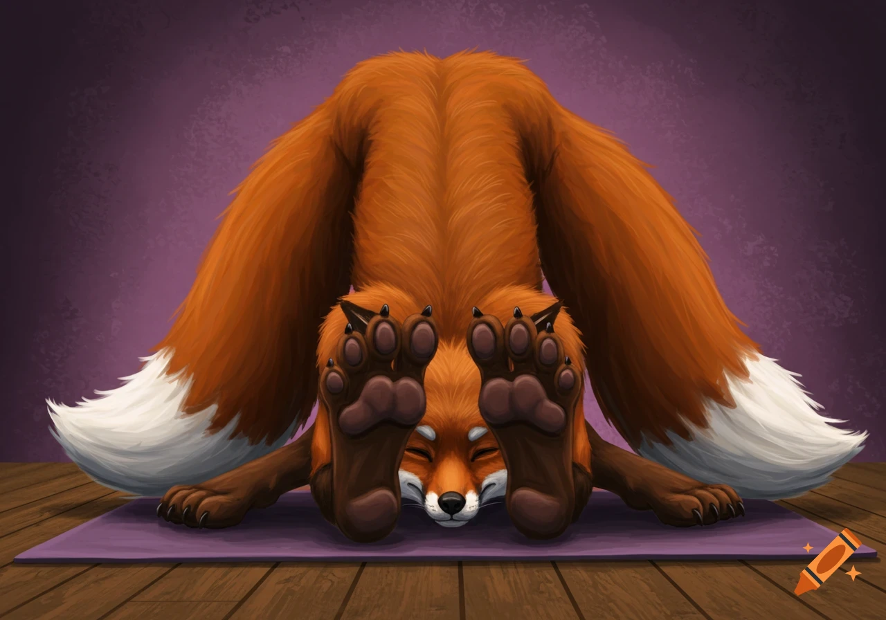 An anthropomorphic red fox in a forward bend yoga pose, with its paws and smiling face visible from the front.