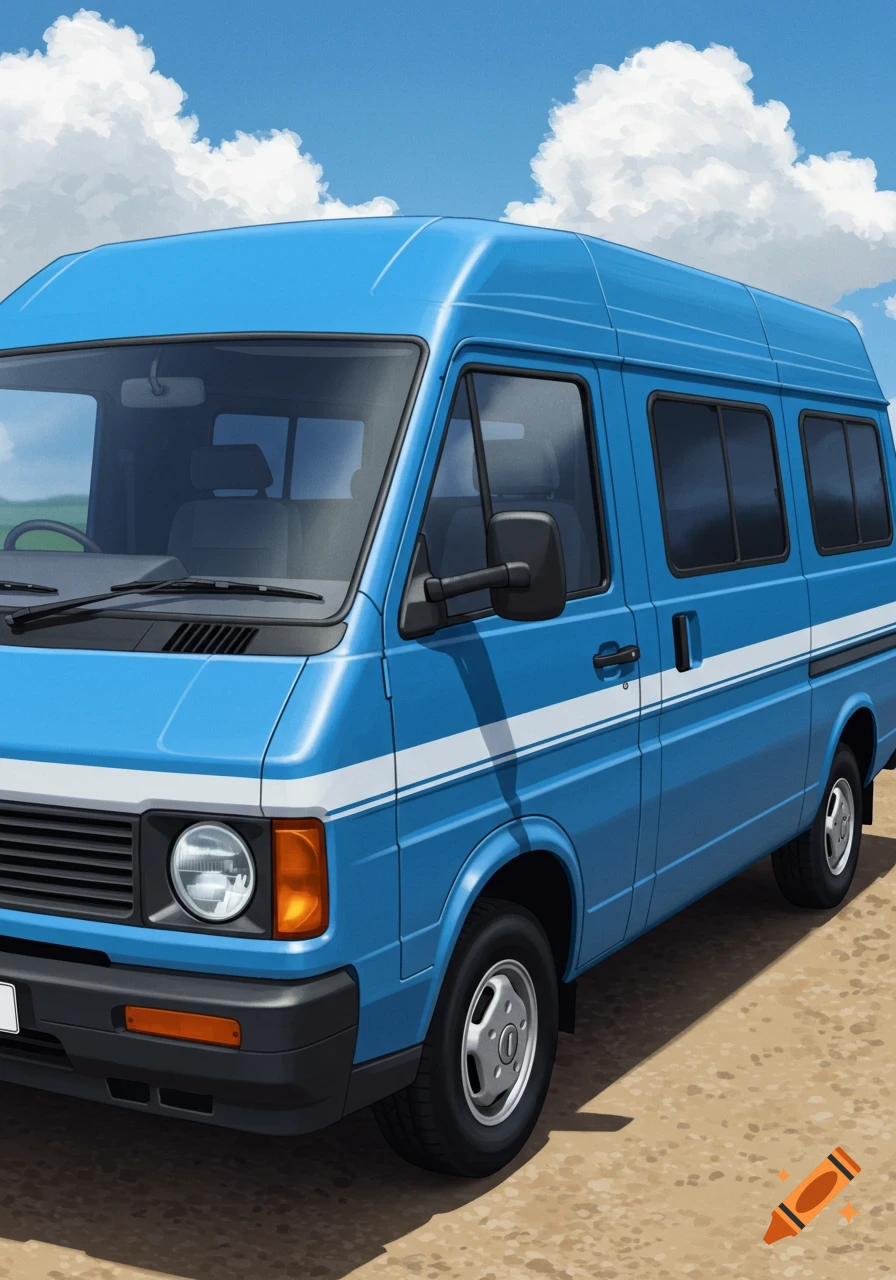 A blue van with white stripes is parked on dirt under a blue sky with white clouds, seen from an angled perspective.