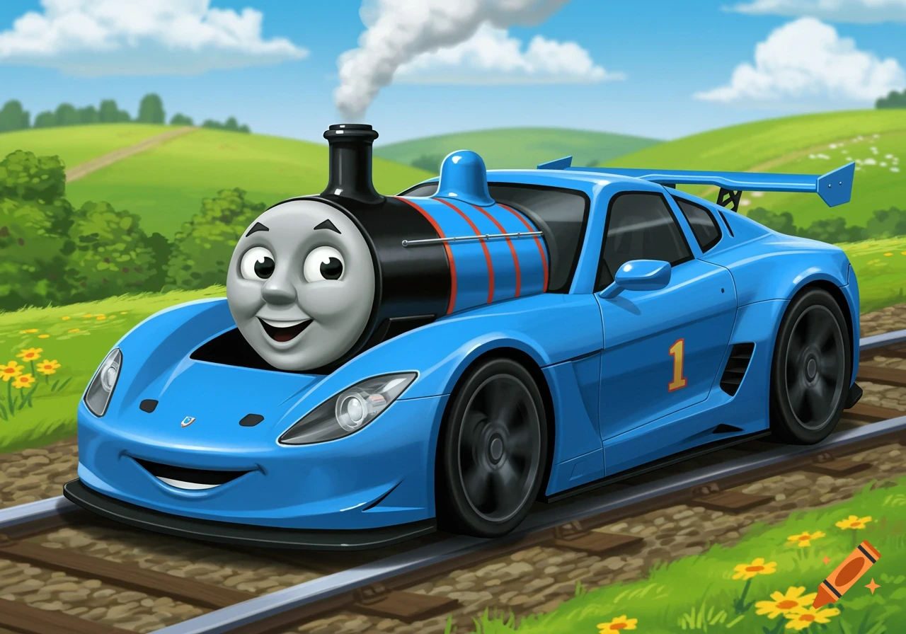 Illustration of Thomas the Tank Engine's face on a blue sports car, on train tracks in a green, hilly landscape.