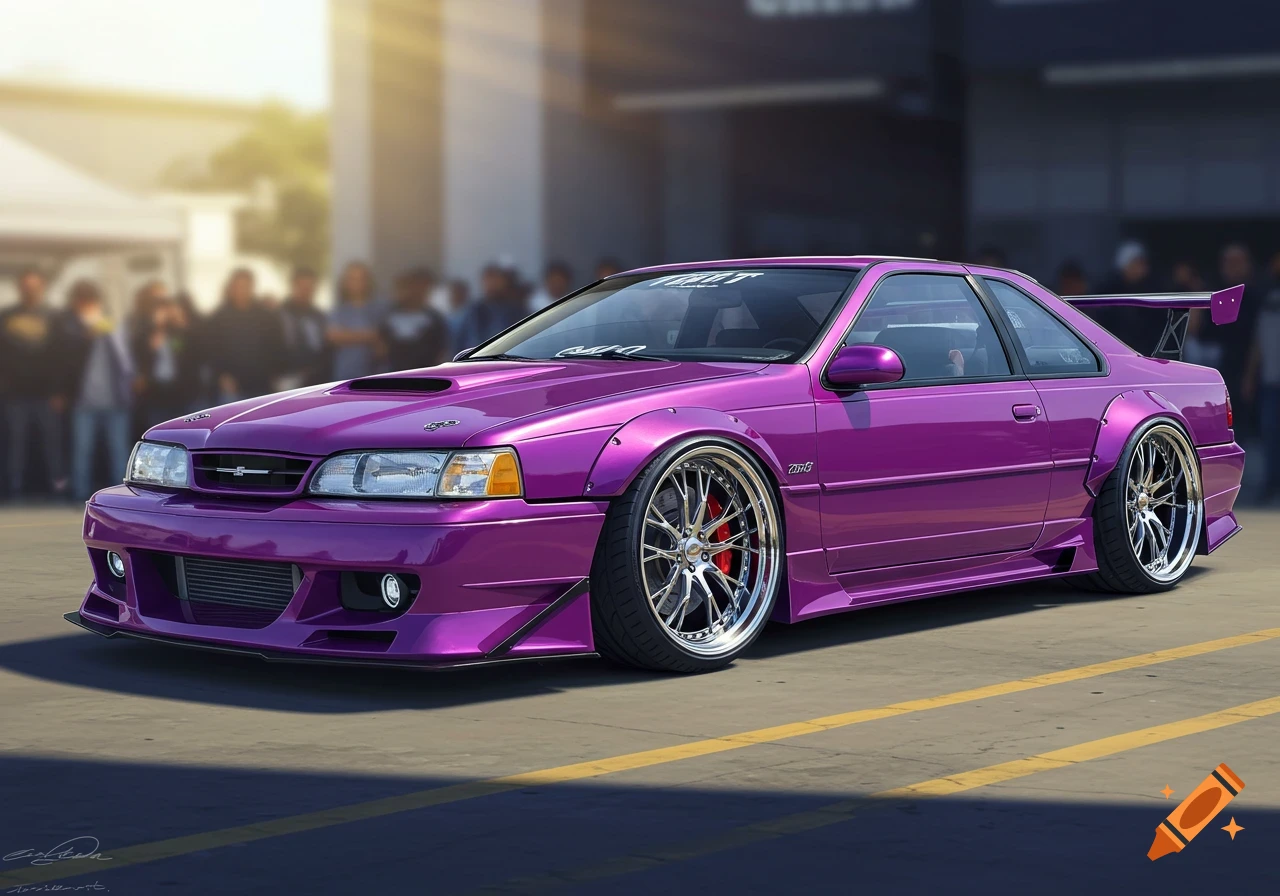 A vibrant purple Ford Thunderbird custom car with a wide body kit and chrome wheels parked at a car show, with blurred people in the background.