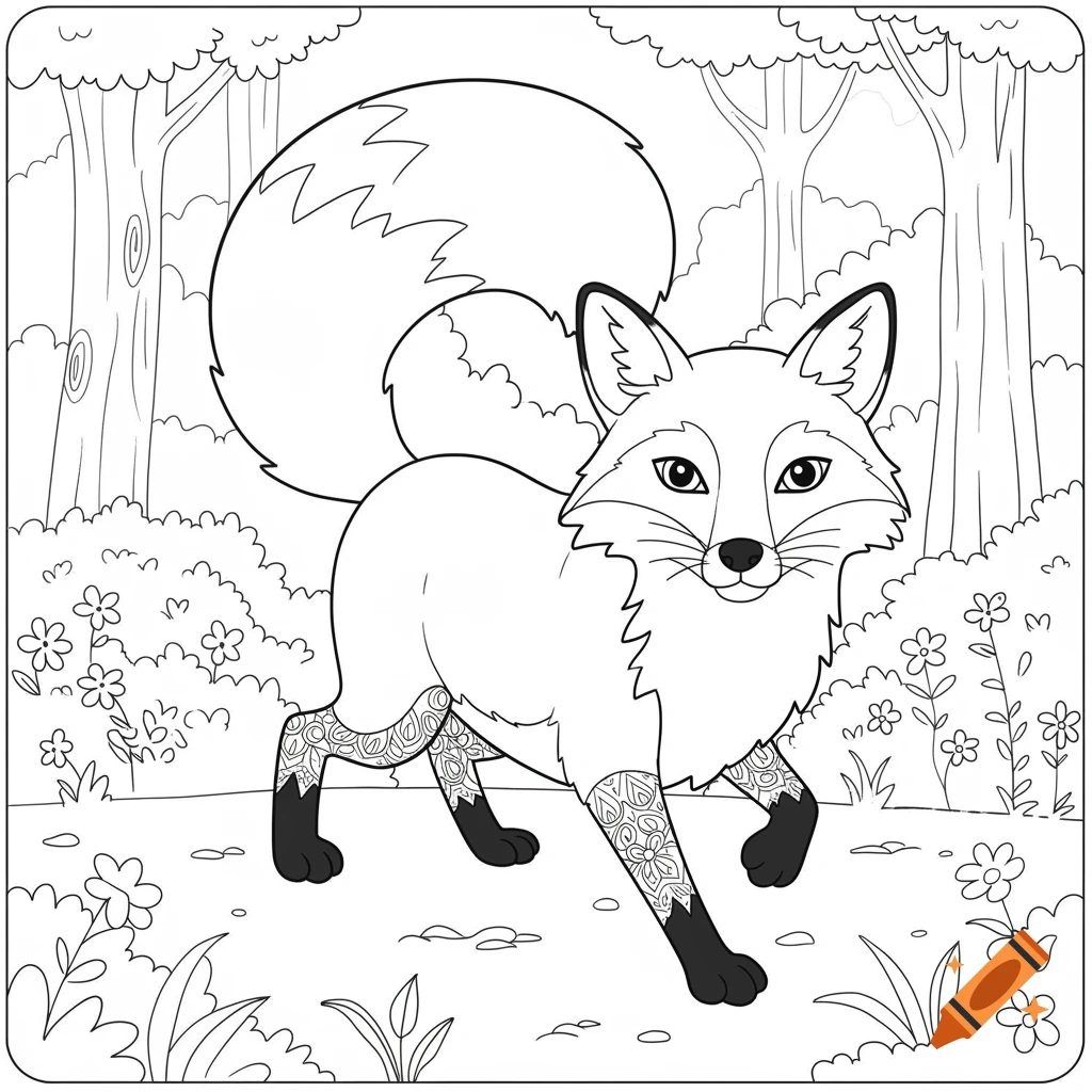 A black and white line art coloring page features a cute fox standing in a forest with flowers and trees. The fox has decorative patterns on its legs.
