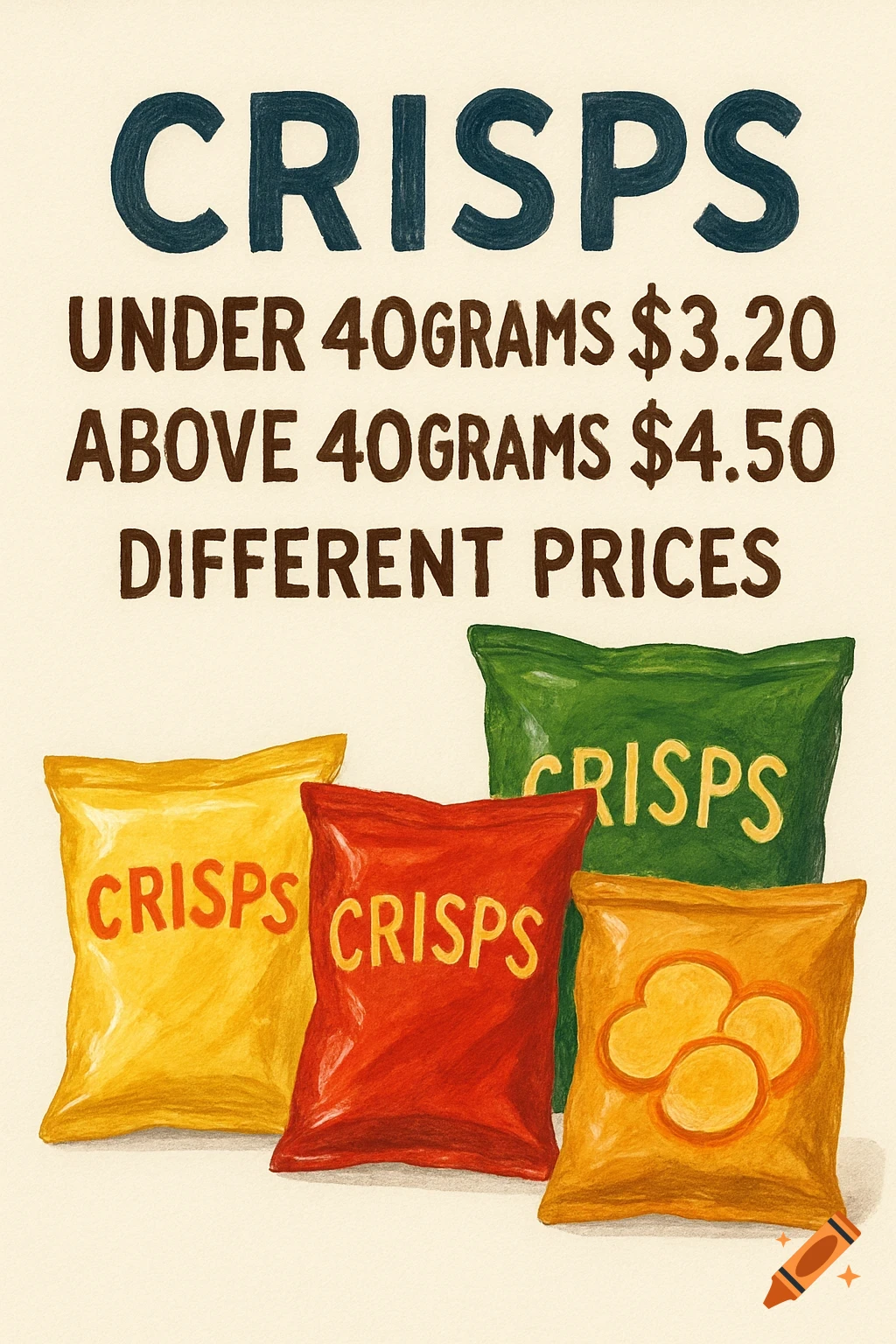 An illustrated price list for crisps, with yellow, red, green, and orange bags of crisps shown below text detailing prices by weight.