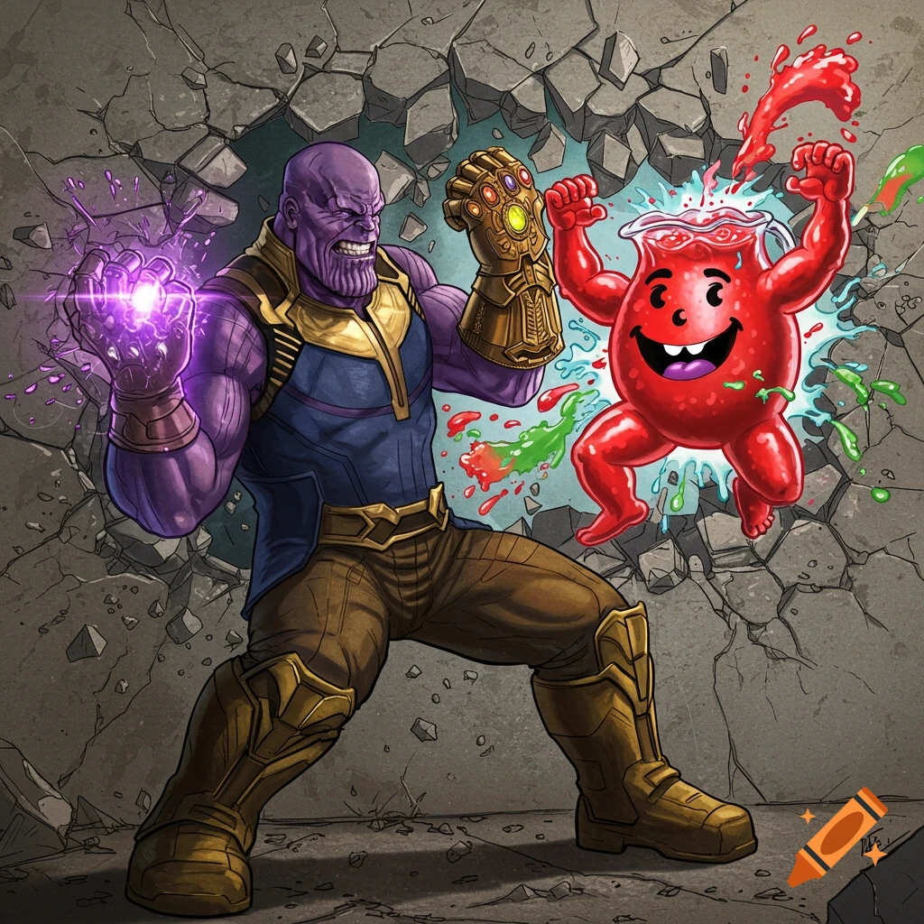 Thanos wearing the Infinity Gauntlet faces off against the Kool-Aid Man, both breaking through a concrete wall in a comic art style.