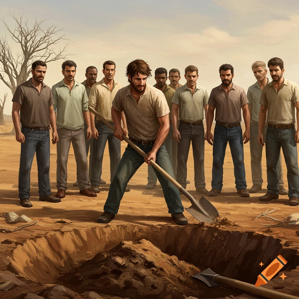 A man intensely digs a large hole with a shovel while ten other men watch him in a dry, barren landscape with sparse trees. Photorealistic style.