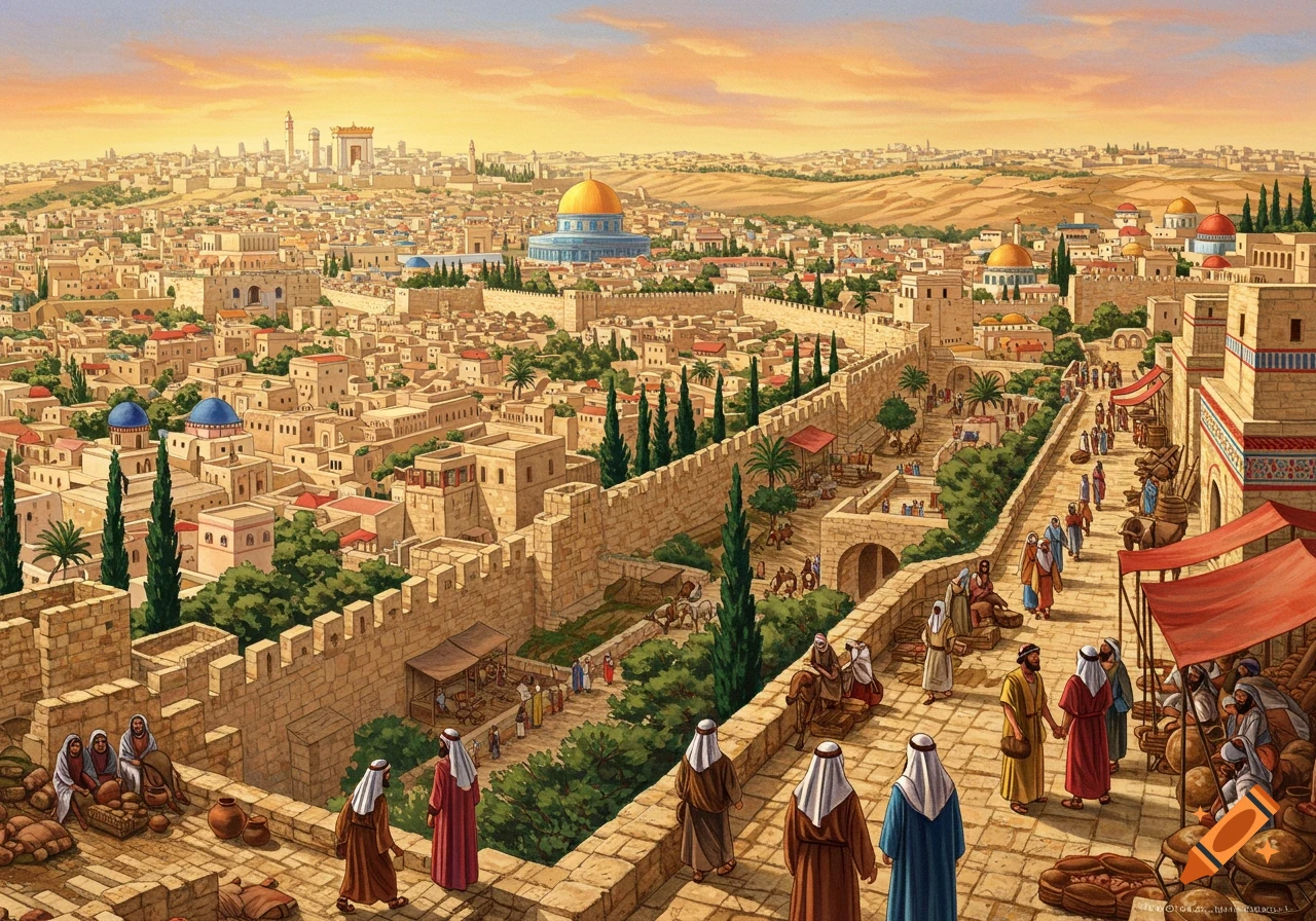 Illustrated ancient Jerusalem cityscape with stone walls, buildings, golden-domed temple, and people in robes on a busy street.