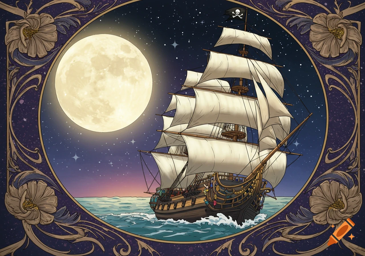An Art Nouveau illustration of a pirate ship sailing under a large full moon and starry sky, framed by decorative floral patterns.