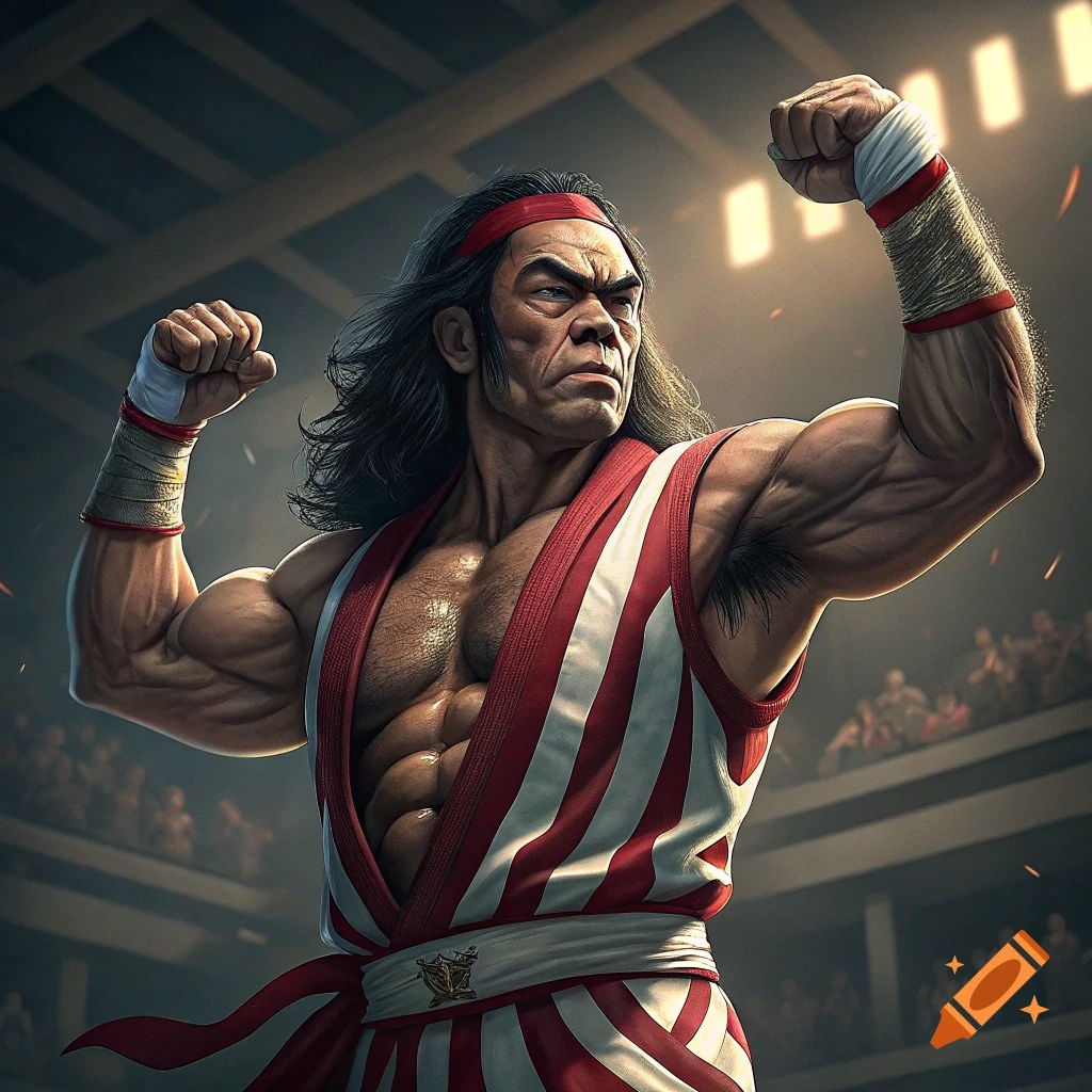 A heavily muscled man in a red and white striped martial arts uniform with a red headband flexes his arms in a fighting arena.