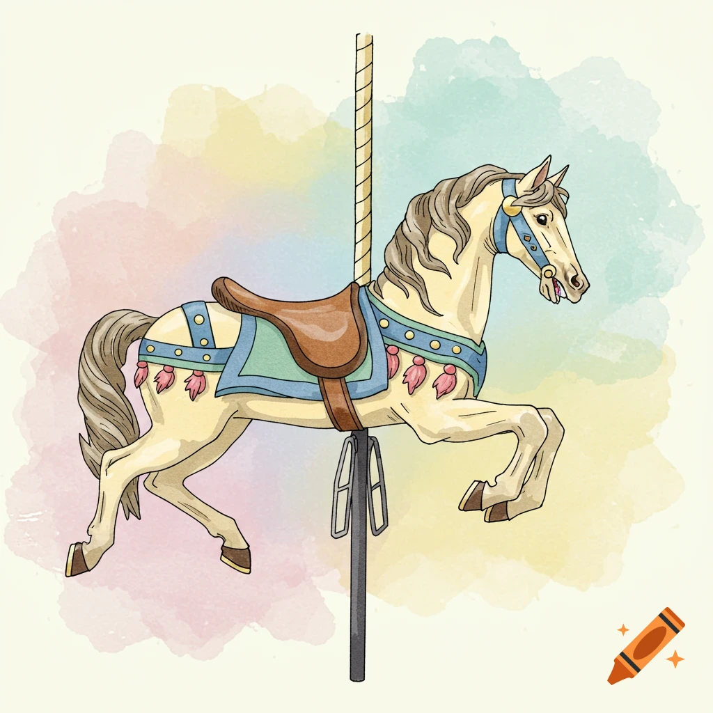 A whimsical watercolor illustration of a cream-colored carousel horse with a brown saddle and blue and green accents, against a soft pastel background.