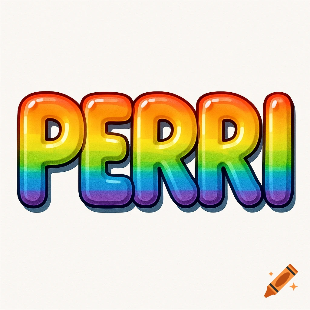 The name PERRI spelled out in colorful rainbow bubble letters on a white background.