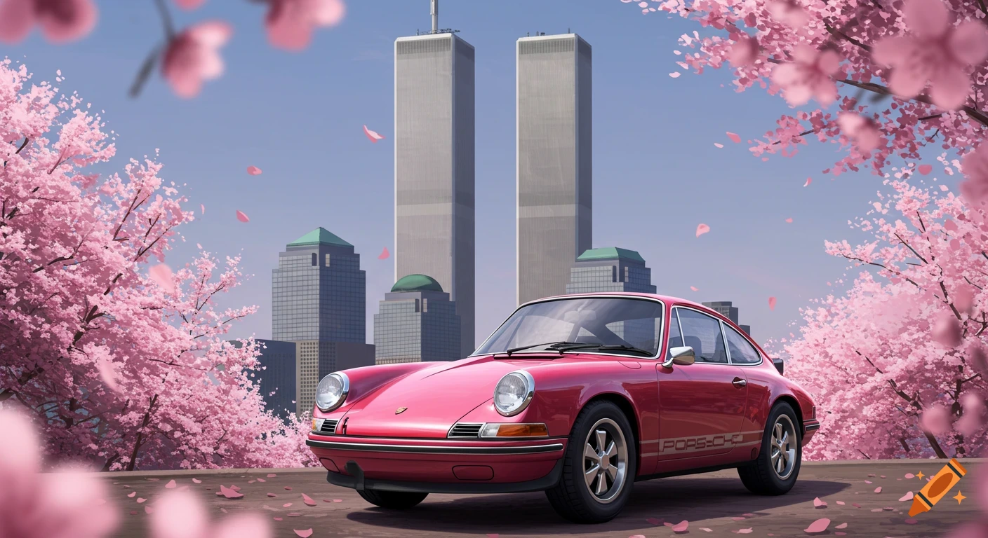 A pink Porsche 911 parked in front of the Twin Towers, surrounded
