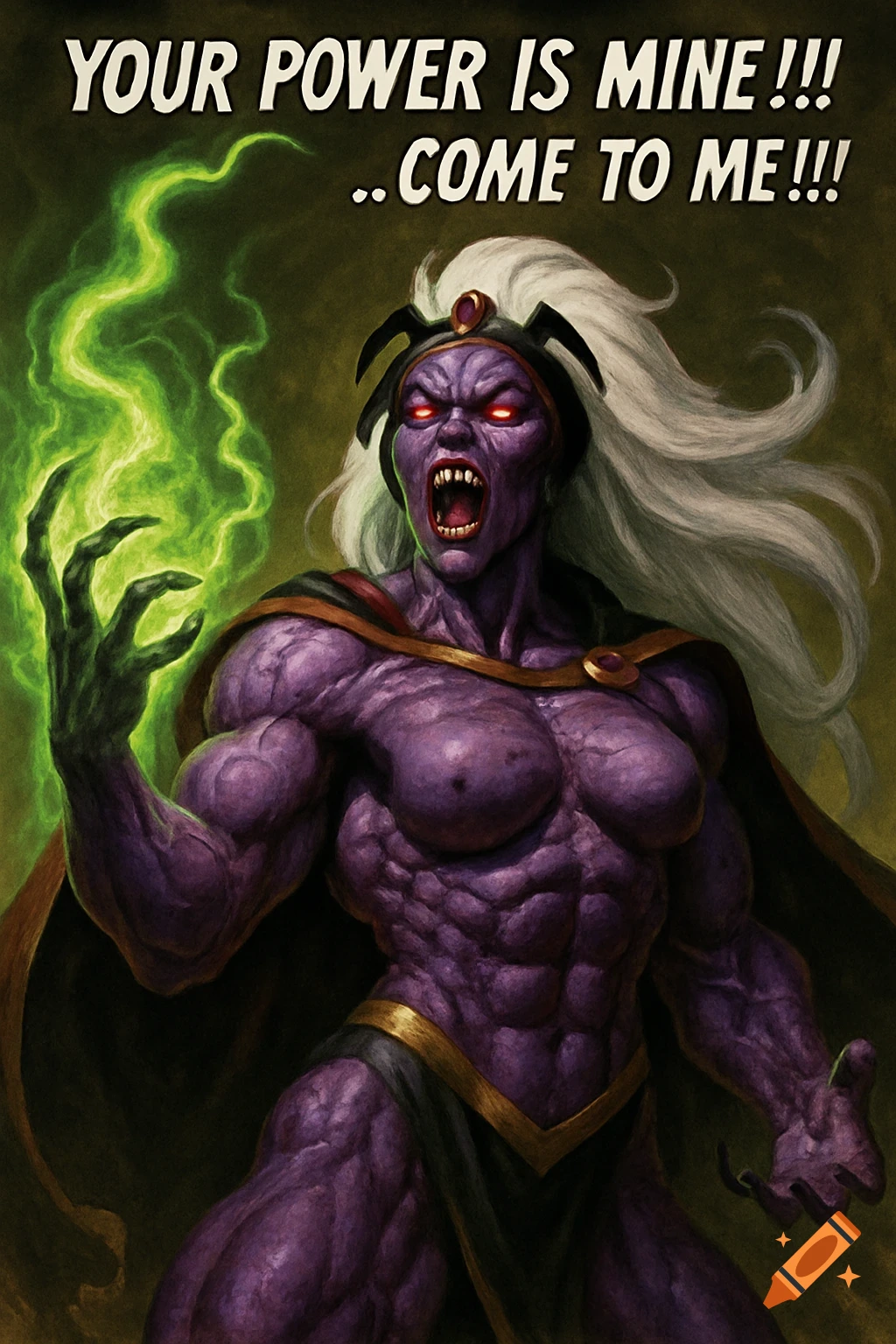 A muscular, purple-skinned female villain with white hair, glowing red eyes, and fangs, conjuring green energy, with text "YOUR POWER IS MINE!!! ..COME TO ME!!!" above her.